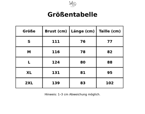 Größentabelle mit detaillierten Maßen