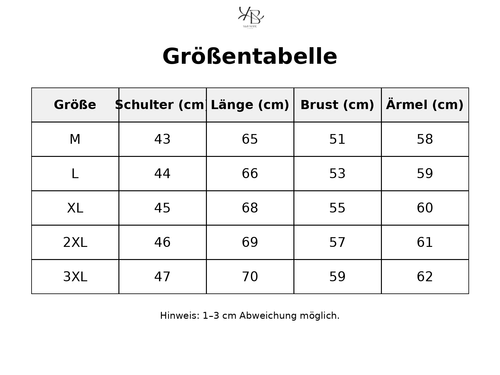 Größentabelle mit detaillierten Maßen