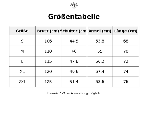 Größentabelle mit detaillierten Maßen