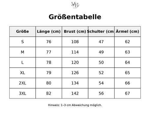 Größentabelle mit detaillierten Maßen