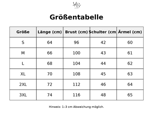 Größentabelle mit detaillierten Maßen