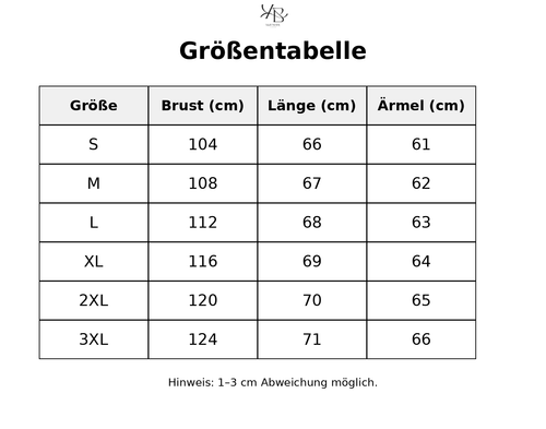 Größentabelle mit detaillierten Maßen