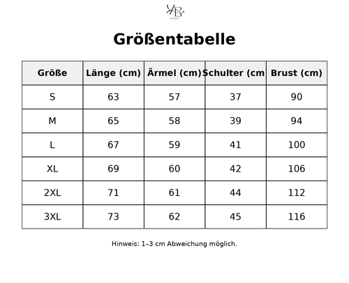 Größentabelle mit detaillierten Maßen