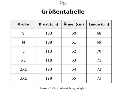 Größentabelle mit detaillierten Maßen
