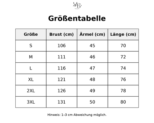 Größentabelle mit detaillierten Maßen
