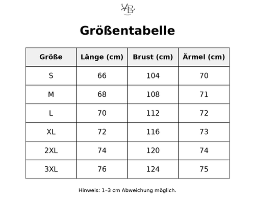 Größentabelle mit detaillierten Maßen