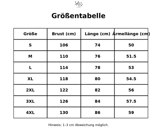 Größentabelle mit detaillierten Maßen